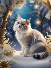 Obraz premium Winter Cat in Magical Snowy Forest