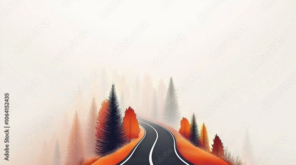 Poster a foggy road in a forest with trees on either side