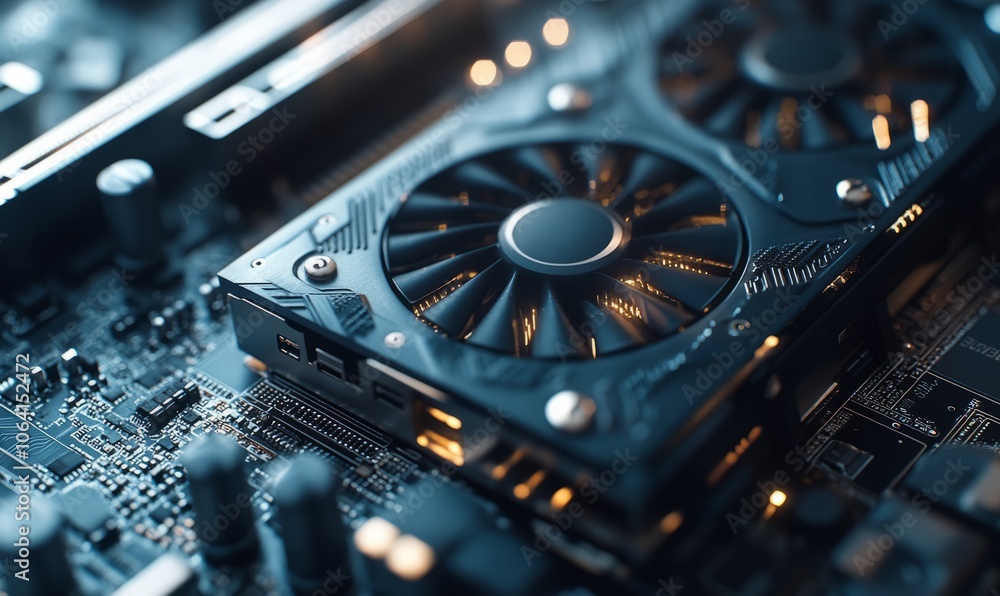 Poster graphics card used in high-end virtual reality applications, showcasing intricate circuitry and high