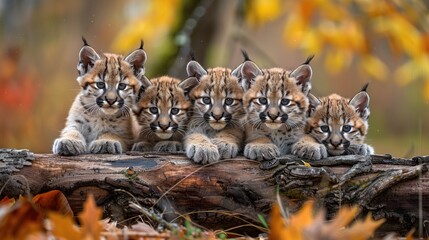 Six adorable bobcat kittens line up on a fallen log in an autumn forest, looking curiously at the camera.