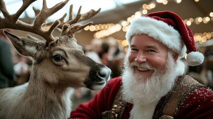 Santa Claus and his reindeer at a festive holiday party, joyful gathering, sparkling lights, wide-angle view
