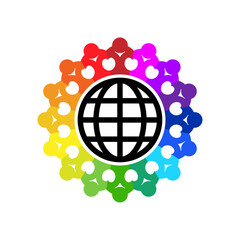 Abstract people holding hands around of world globe symbol. Vector isolated on white background.	