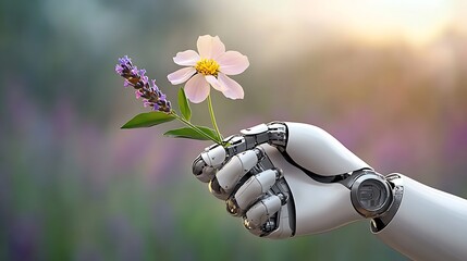 A graceful robot clutches a vibrant flower in its fragile mechanical fingers, juxtaposing industrial aesthetics with natural beauty in a peaceful lavender field.