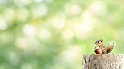 Obraz premium A squirrel rests on a sunlit tree stump with a nut in its mouth