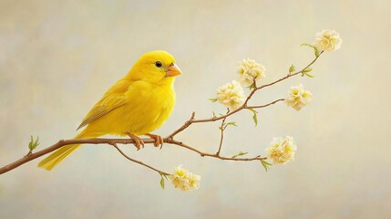 Obraz premium Yellow bird perched on tree branch with white flowers against foggy sky background