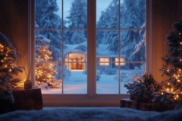 Cozy winter scene looking through frosty window to snow-covered trees and house
