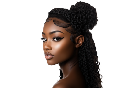 African woman with curly long hair in bun on isolated transparent background. Dark hair styled with single hair clip. Woman gaze off to side, neutral expression. Calm, composed demeanor. Alpha mask.