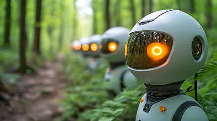 A group of sleek, futuristic robots patrol the lush greenery of a nature reserve, their laser scanners scanning for any signs of disruption to the delicate ecosystem.