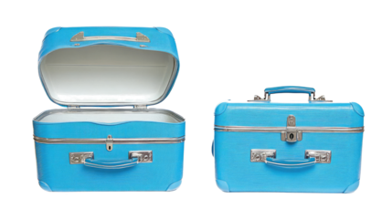 Two Blue Suitcases Open and Closed on a White Background Generative AI