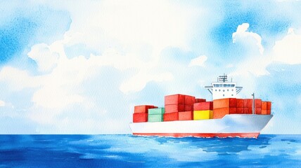 Obraz premium Cargo Ship on Smooth Sea in Watercolor Style