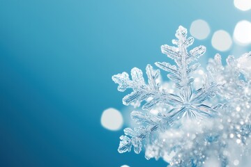 Close-up of intricate snowflake on blue background