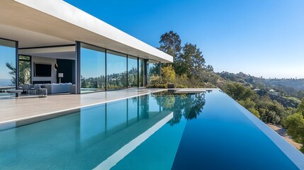 A luxurious modern villa in the hills of California, with large glass windows, a sleek minimalist facade, and an infinity pool overlooking a scenic view