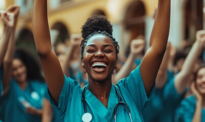 A diverse team of medical students in nursing uniforms joyfully celebrating their achievements, showcasing teamwork and enthusiasm in a campus setting