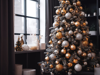 Luxurious majestic Christmas tree in elegant and modern style living room in bold and neutral living room with silver and gold accents,