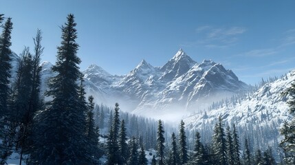 Fototapeta premium A majestic view of snow-covered mountains under a clear blue sky, with pine trees in the foreground, conveying a sense of tranquility.