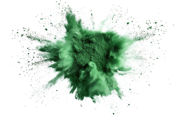 Vibrant green powder explosion on isolated background. Large cloud of powder with smaller particles scattered. Colourful, dynamic texture, splash of powder. Isolated on transparent background, grunge