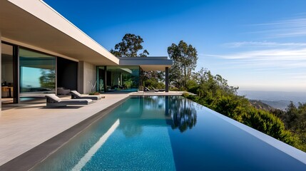 A luxurious modern villa in the hills of California, with large glass windows, a sleek minimalist facade, and an infinity pool overlooking a scenic view