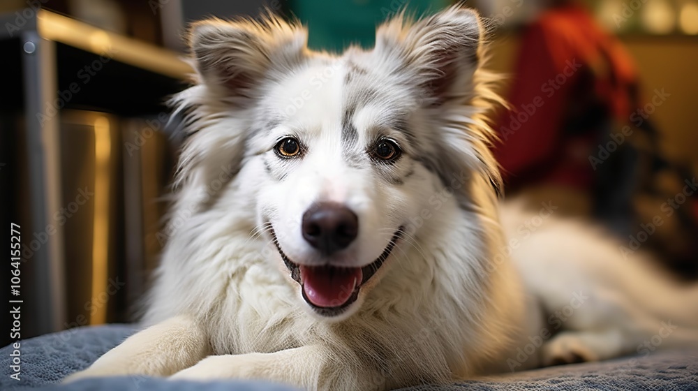 Poster A white dog with brown eyes and a black nose is lying on a bed. The dog is looking at the camera with its mouth open and tongue sticking out.