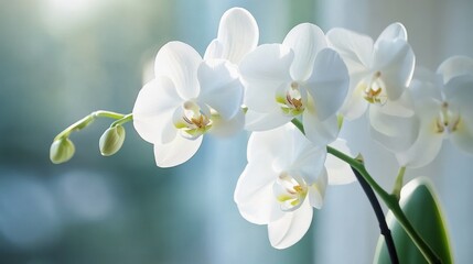 Close-up of delicate white orchids with a soft, blurred background.