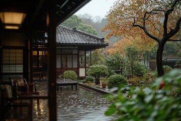Naklejka premium A Serene Rainy Day in a Traditional Japanese Garden With Vibrant Autumn Colors and an Elegant Wooden Building