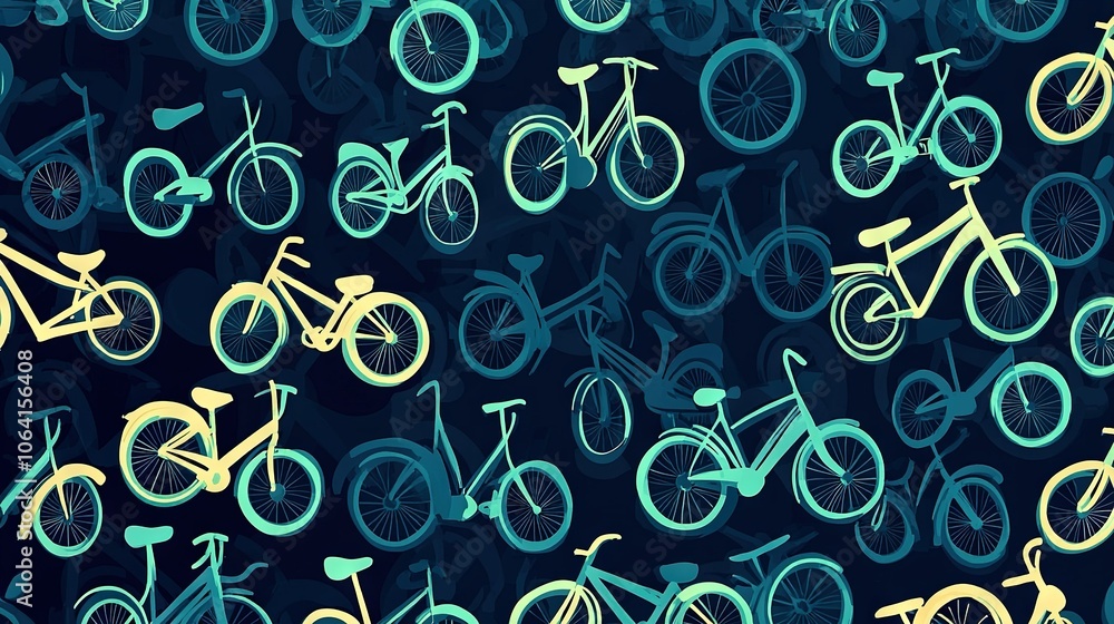 Poster many bikes appear to float on a blue and yellow background