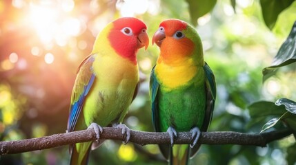 Fototapeta premium Colorful Parrots in Lush Greenery at Sunrise