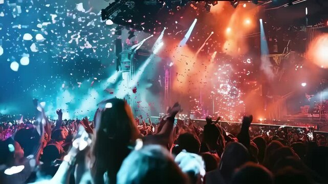Euphoric people's silhouette enjoying concert in mega outdoors stadium at night