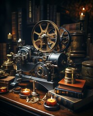Naklejka premium Vintage Industrial Machine with Gears and Books in Candlelight, Creating a Nostalgic Still Life