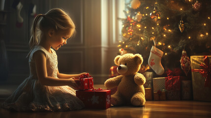 A young blonde girl plays by the Christmas tree with a large plush bear, beside a fireplace with stockings for gifts.