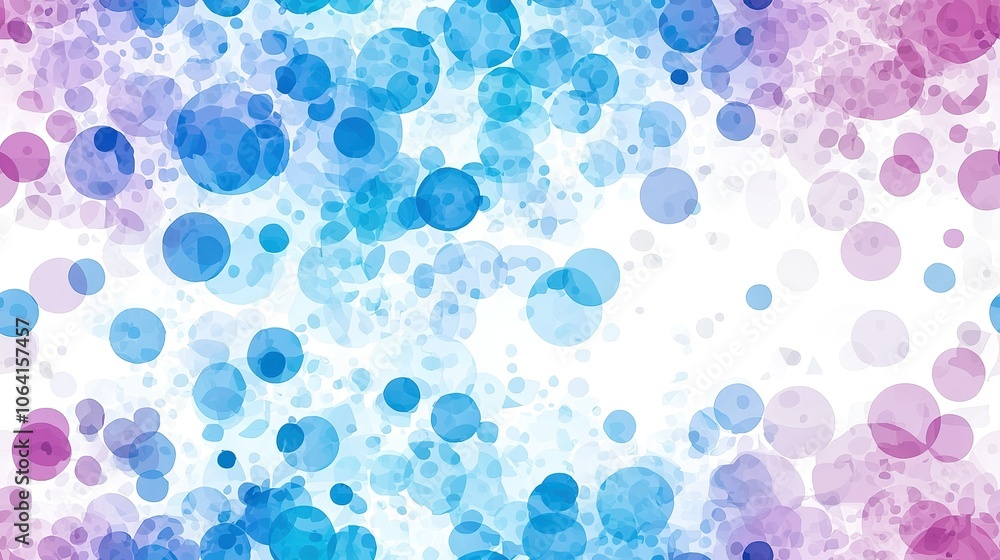 Poster a blue and pink background with various-sized circles in diverse shades on a white canvas, featuring