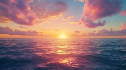 A painting of a sunset with a beach scene and the ocean in the background