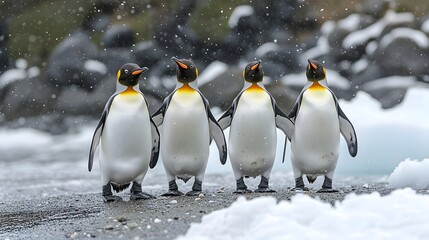 Fototapeta premium Penguins standing on the shore of a snow covered Antarctic island