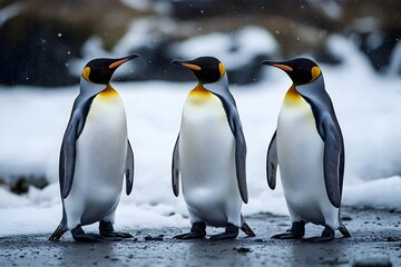 Fototapeta premium Penguins standing on the shore of a snow covered Antarctic island