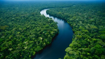 Aerial view of Amazon rainforest in Brazil, South America. Green forest. Bird's-eye view. 