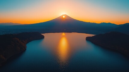 Majestic Mount Fuji at sunrise, reflecting in a still lake.
