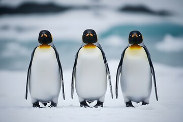 Obraz premium Penguins standing on the shore of a snow covered Antarctic island
