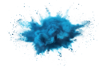 Blue explosion on transparent background. Vibrant cyan powder splatters, spreads, expands, explodes. Small blue dots scattered, splattered around explosion. Unique perspective, elevated angle.
