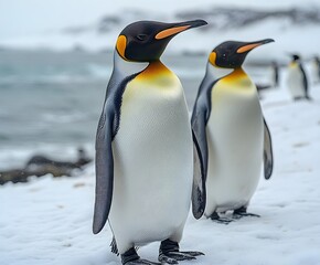 Obraz premium Penguins standing on the shore of a snow covered Antarctic island