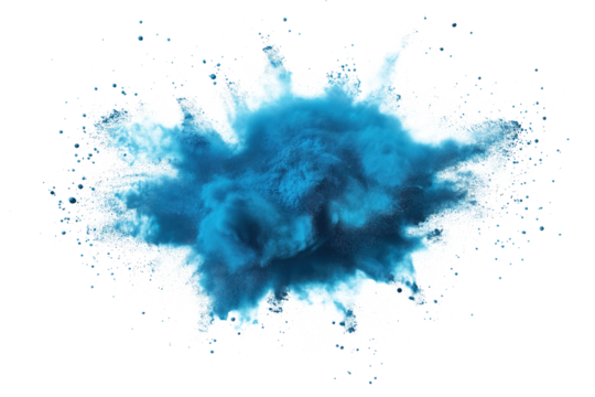 Blue explosion on transparent background. Vibrant cyan powder splatters, spreads, expands, explodes. Small blue dots scattered, splattered around explosion. Unique perspective, elevated angle.