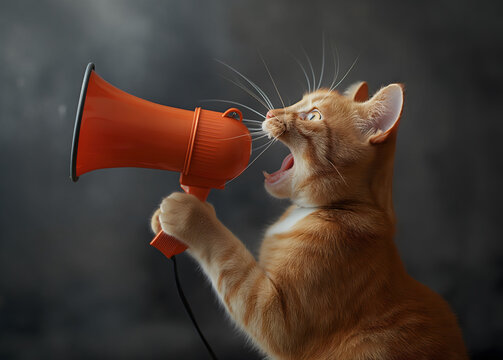 humorous image of a ginger cat holding an orange megaphone, ideal for marketing, communication, and advertising campaigns focused on playful and attention-grabbing visuals