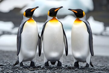 Fototapeta premium Penguins standing on the shore of a snow covered Antarctic island