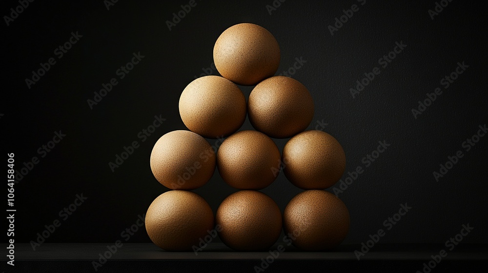 Poster a pyramid of eggs stacked on top of one another against a dark backdrop with a black background behi