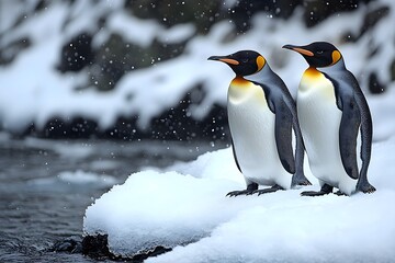 Fototapeta premium Penguins standing on the shore of a snow covered Antarctic island