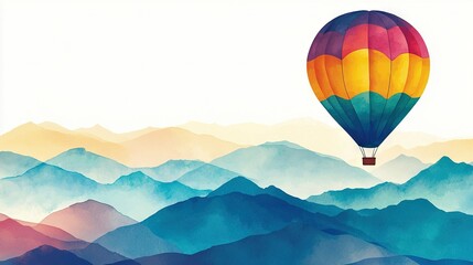 Naklejka premium A vibrant painting depicts a hot air balloon soaring high over a majestic mountain range, with hues of blue, yellow, red, and orange