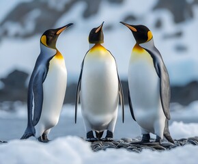 Fototapeta premium Penguins standing on the shore of a snow covered Antarctic island