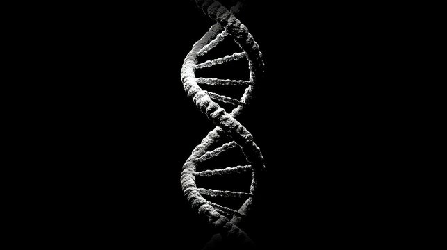   A black-and-white picture of a two-stranded spiral structure with a human-like appearance