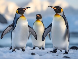 Fototapeta premium Penguins standing on the shore of a snow covered Antarctic island