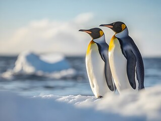 Fototapeta premium Penguins standing on the shore of a snow covered Antarctic island
