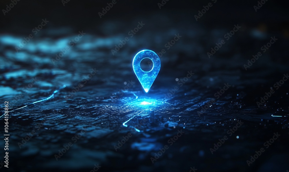 Poster a luminous blue digital map pin floats above a sleek background, hinting at navigation and location 