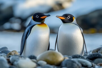 Penguins standing on the shore of a snow covered Antarctic island